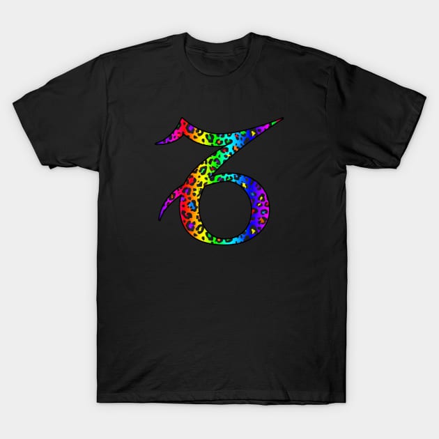 Capricorn Zodiac Horoscope Symbol in Dark Rainbow Leopard Print T-Shirt by bumblefuzzies